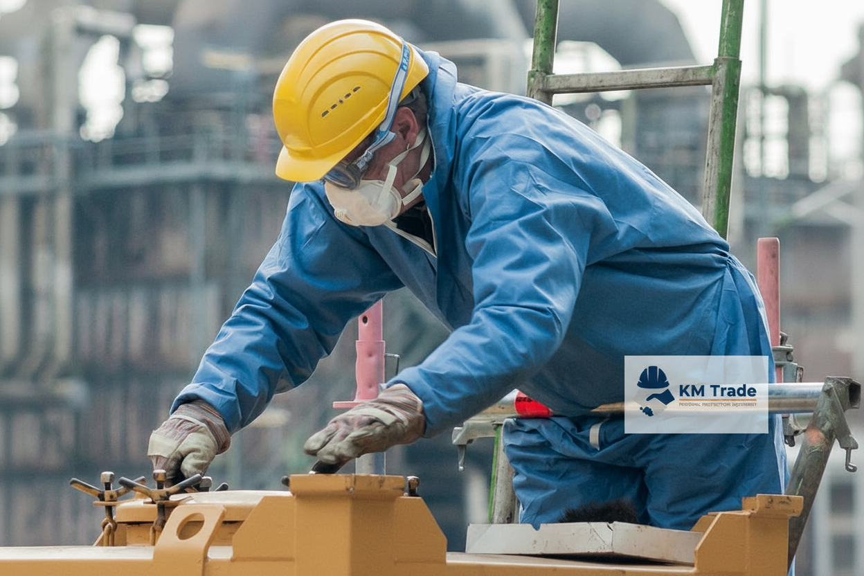 Construction worker with smaller KM Trade logo on back