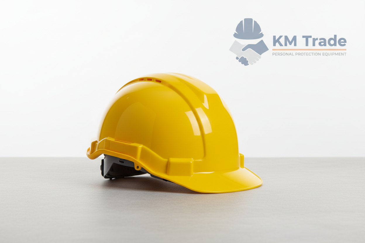 Yellow helmet with KM Trade logo
